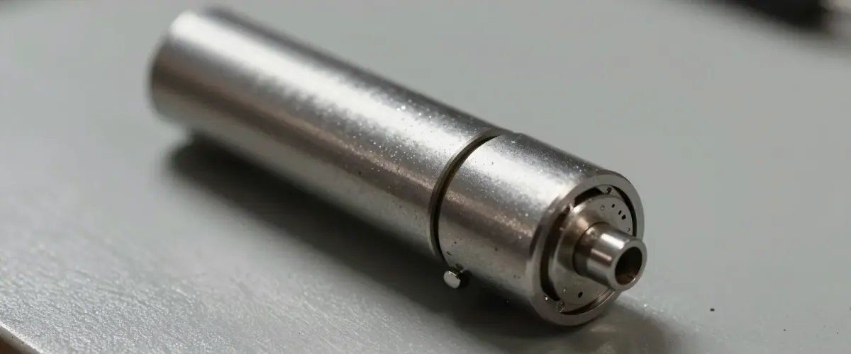 Ausgebauter Schließzylinder aus Metall liegt auf einer grauen Fläche, vorn die Seite mit dem Schlüsselkanal