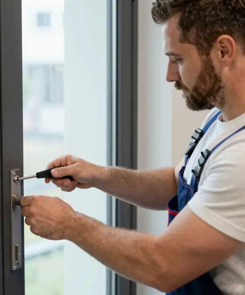 Handwerker mit Bart setzt beim Schlüsselnotdienst einen kleinen Schraubendreher am Türschild neben einem schmalen Glasstreifen an