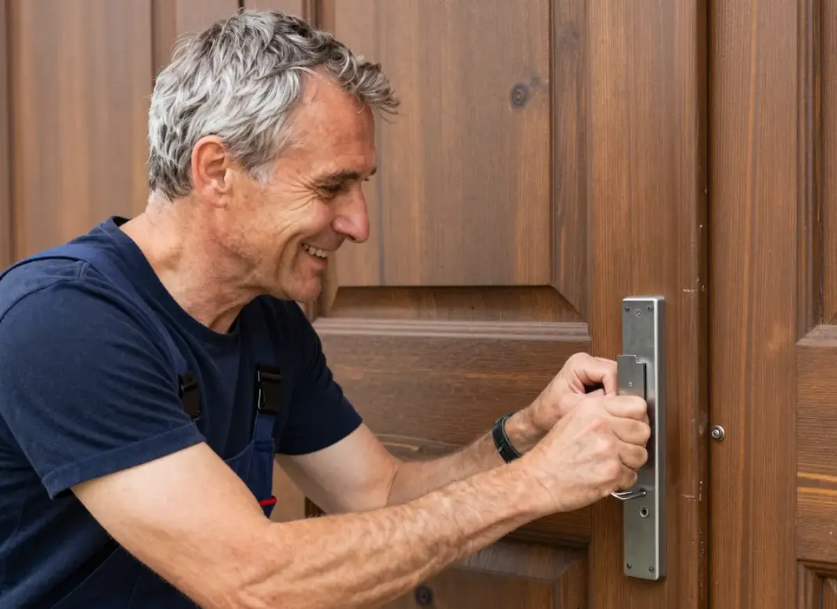 Älterer Handwerker mit silbernem Haar fasst den Beschlag einer massiven Holztür mit tiefen Kassetten an