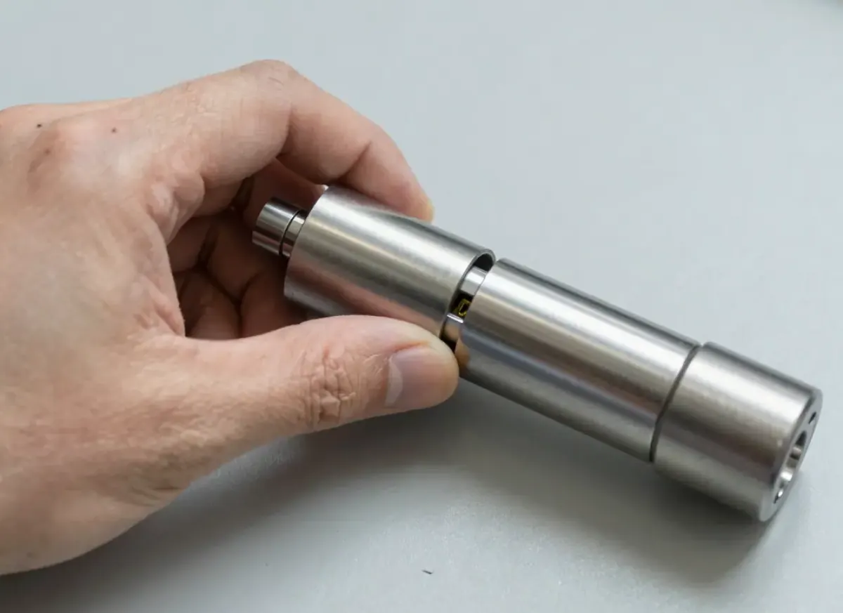 Daumen und Finger halten einen Profilzylinder aus Metall über einer hellgrauen Fläche